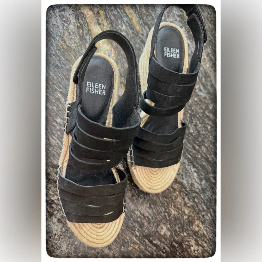 Eileen Fisher 7.5 Black Suede Strappy Espadrille Wedges